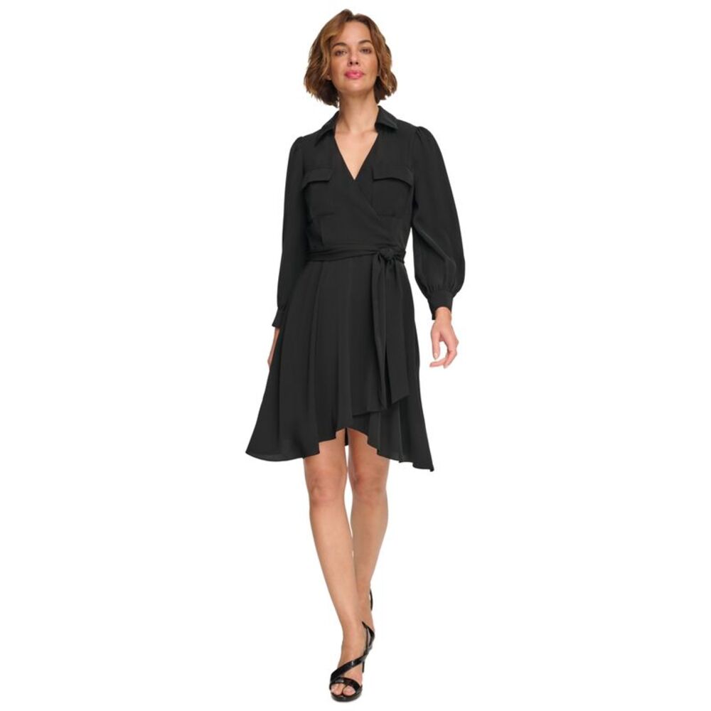 DKNY Womens Belted Balloon Sleeve Wrap Shirt Dress A-line Dress, Black, 16, DM